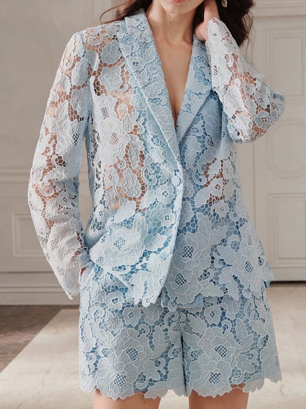 Blue Elegant Women's Heavy Embroidered Lace Trim Long Sleeve Jacket & Shorts Set